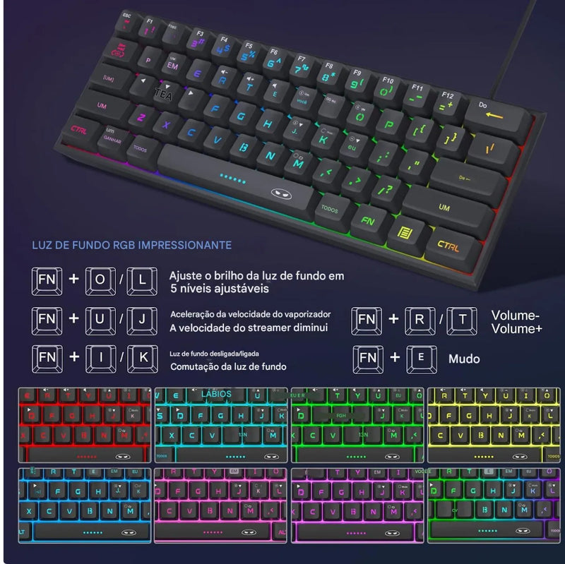 Mini teclado Gamer, RGB retro iluminado 61 teclas, ergonômico à prova d'água TS91 para PC, Mac, PS4, Xbox ONE gamer