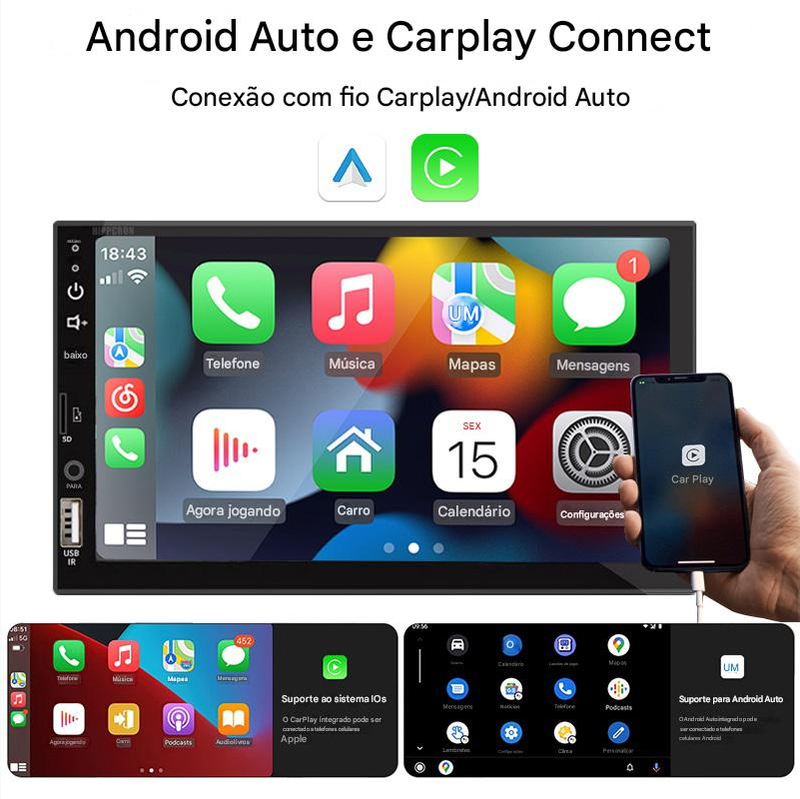 Multimídia Automotiva  7'' 1 Din c/ CarPlay e Android Auto - Total tecnology